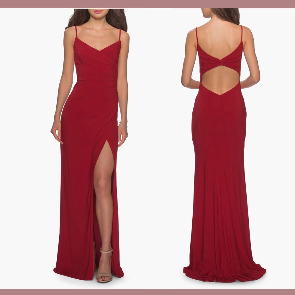 NEW $288 La Femme [ 4‎ ] V Neck Sleeveless Ruched Jersey Trumpet Gown Red